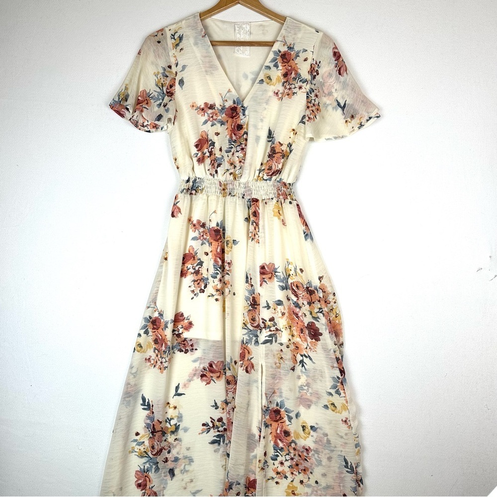 Sadie & Sage Floral Chiffon Flutter Sleeve Split Leg Maxi Dress Cottagecore